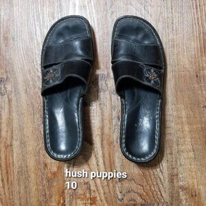 Vintage Hush Puppies Black Leather Slide Sandals EUC